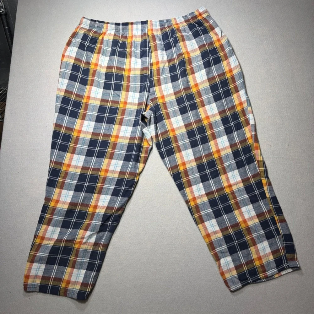 St Johns Bay Mens 2XL Pajama Pants Blue Orange Plaid Flannel Cotton Sleepwear